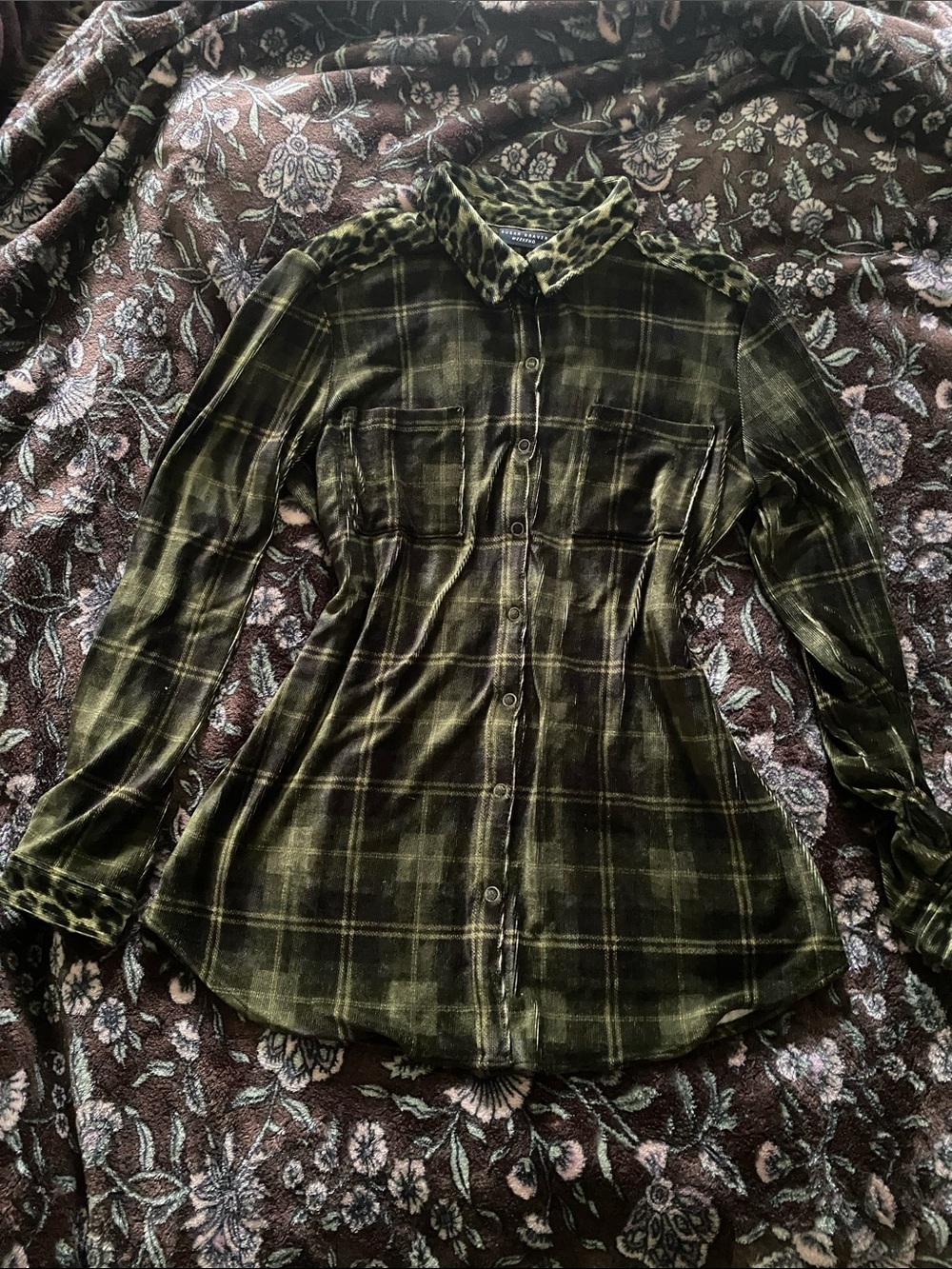 Unique Indie Sleeze Olive Plaid Button-Up Shirt with Leopard Trim